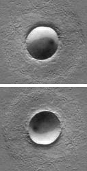 A well-known optical illusion can be produced from images of craters or similar structures. The top and bottom photo are the same picture, just oriented differently. [Credit: I don't remember where I got this image! If anyone can identify it, please let me know]