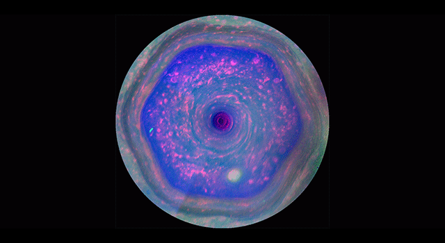 Animation of the hexagonal storm at Saturn's north pole, showing how it changes over time. This movie clip is assembled from about 10 hours of images from the Cassini spacecraft, with color added to highlight the features. [Credit: NASA/JPL-Caltech/SSI/Hampton University]
