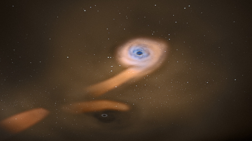 Artist's impression of a pair of supermassive black holes in the act of dismembering a luckless star. [Credit: ESA/C. Carreau]