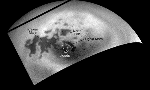 A cloud in the sky over Titan, possibly marking the beginning of the summer storms on Saturn's biggest moon. [Credit: NASA/JPL-Caltech/Space Science Institute]